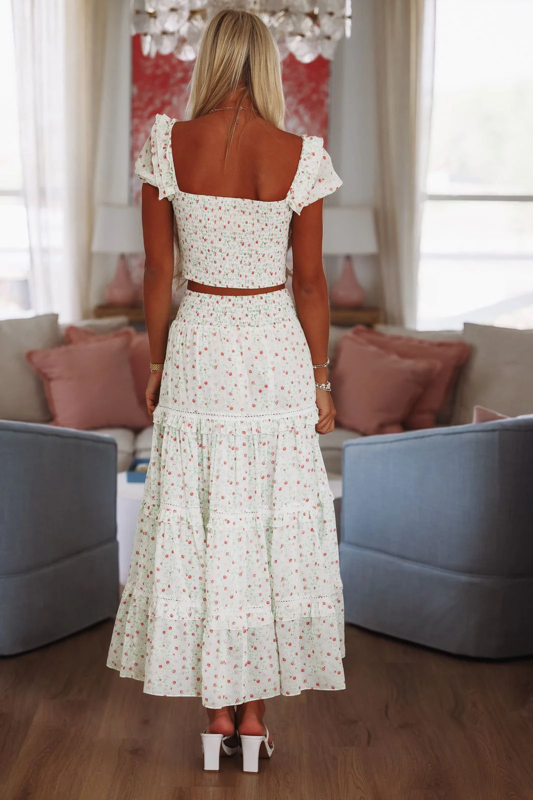 Adeline Crop Top and Maxi Skirt Set by Amy Jane London - White, Green and Red - Image 2
