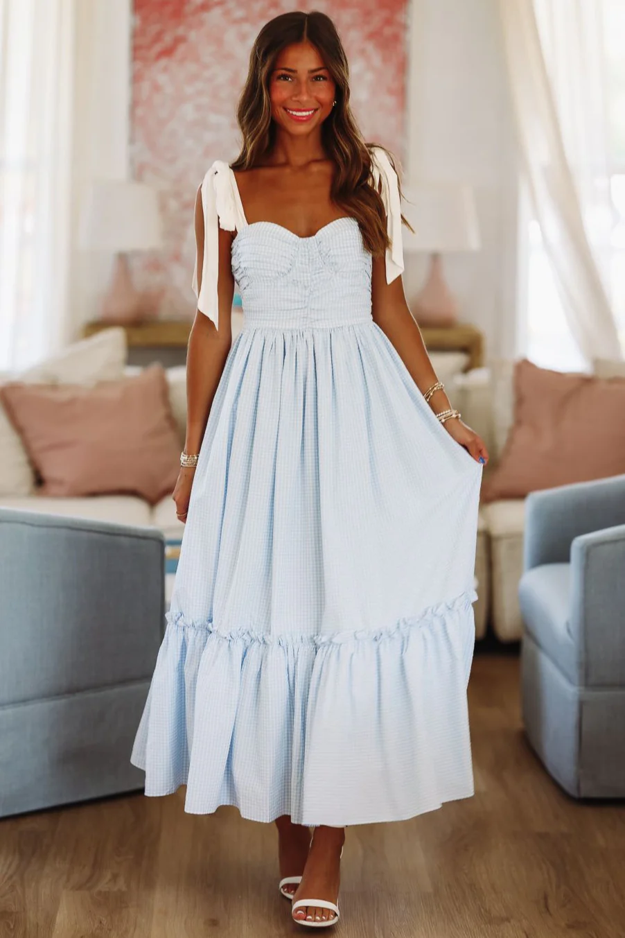 Beneath the Beach House Lights Midi Dress - Blue and White