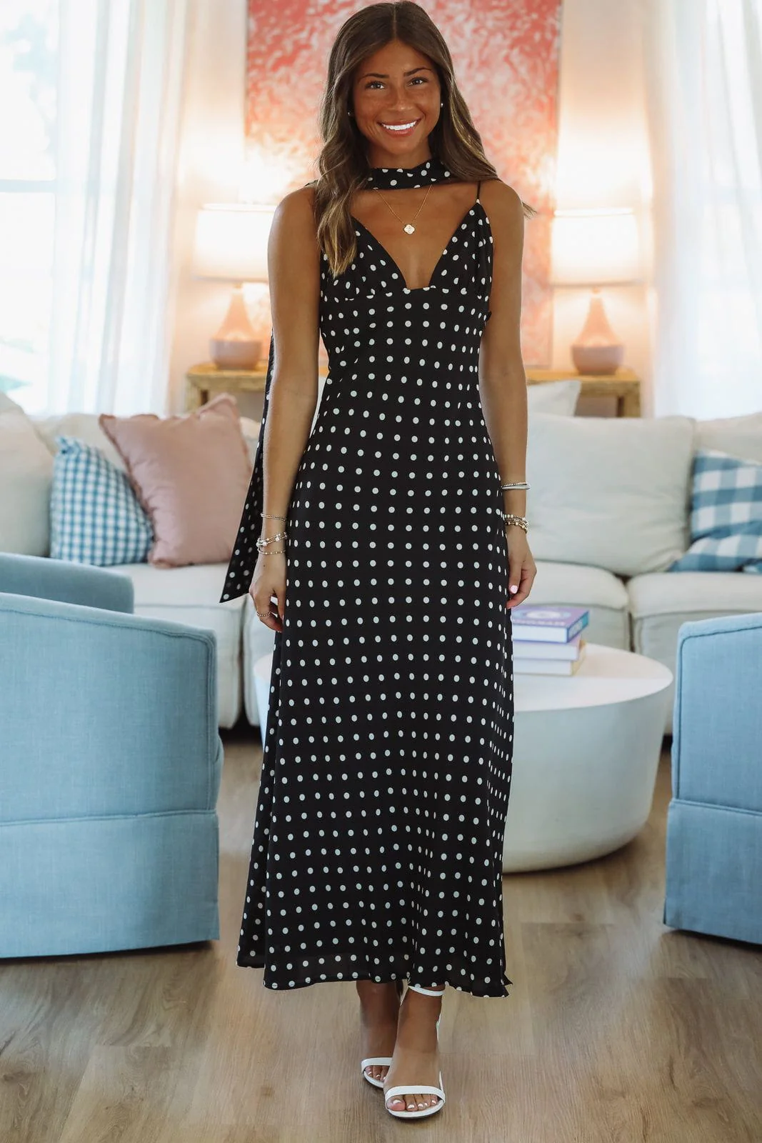 Dot and Drape Maxi Dress - Black and White - Image 2