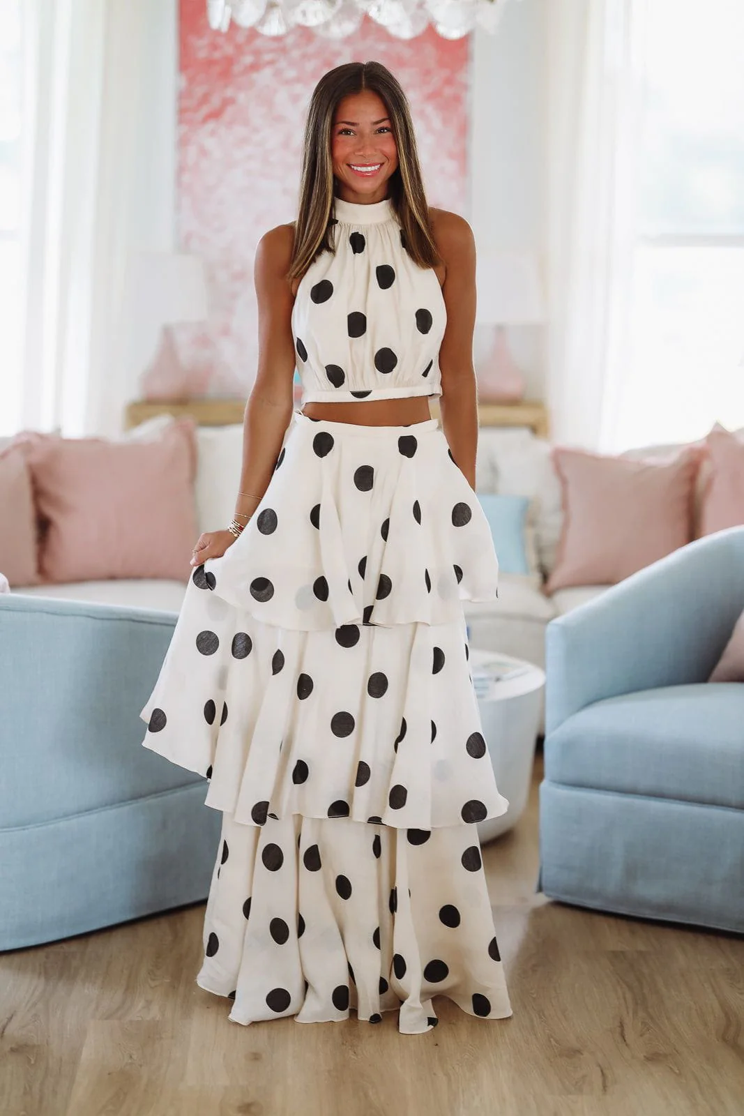 Dots For Days Top and Maxi Skirt Set - Beige and Black - Image 2