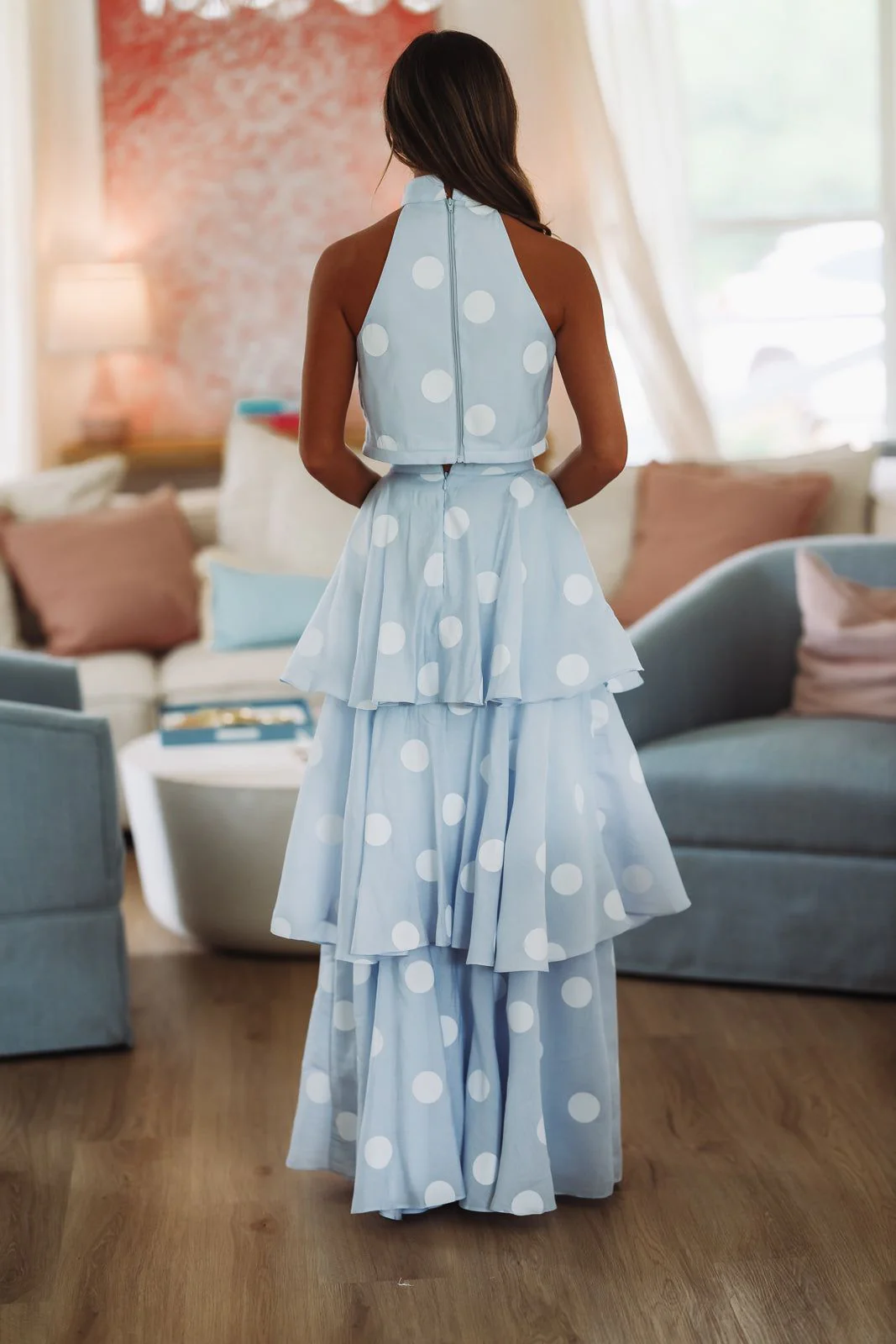 Dots For Days Top and Maxi Skirt Set - Light Blue and White - Image 3