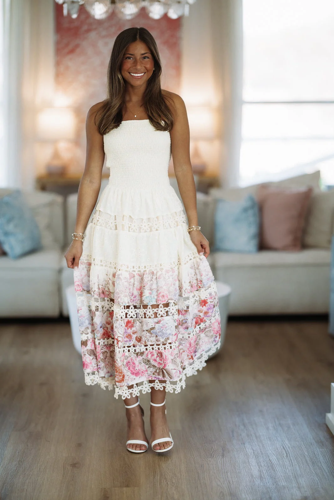 Early Evening Midi Dress - Light Beige, Pink and Purple - Image 3