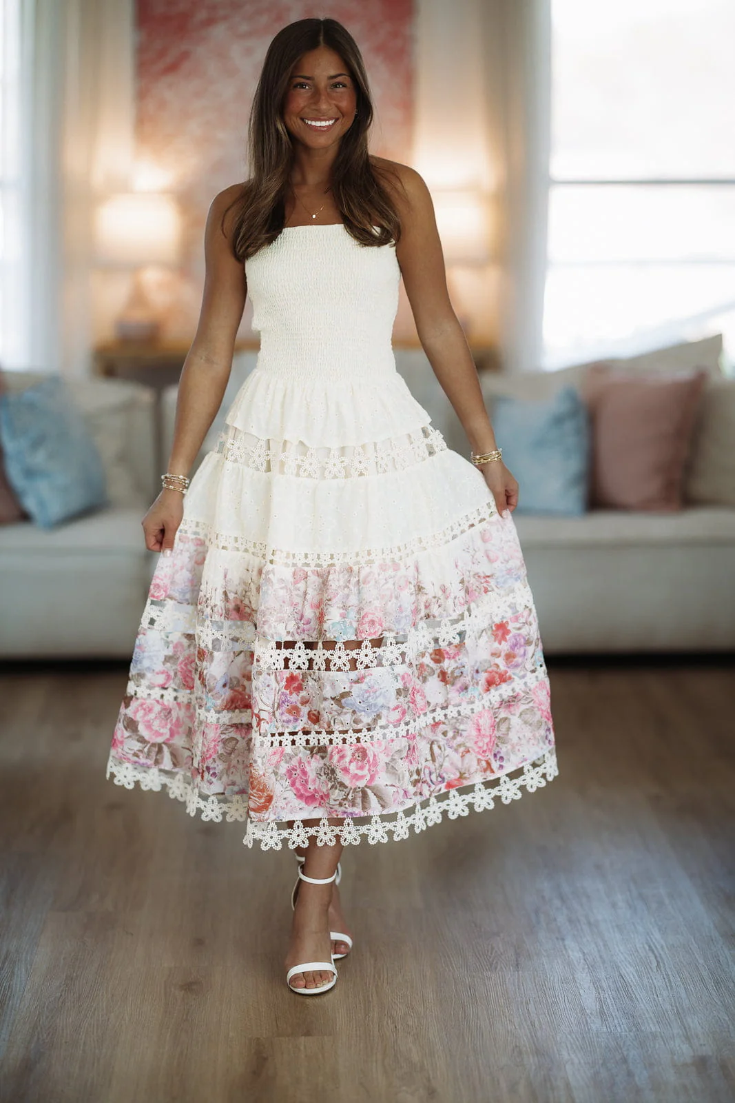 Early Evening Midi Dress - Light Beige, Pink and Purple - Image 4