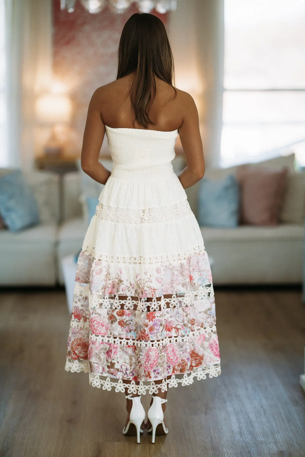 Early Evening Midi Dress - Light Beige, Pink and Purple - Image 5