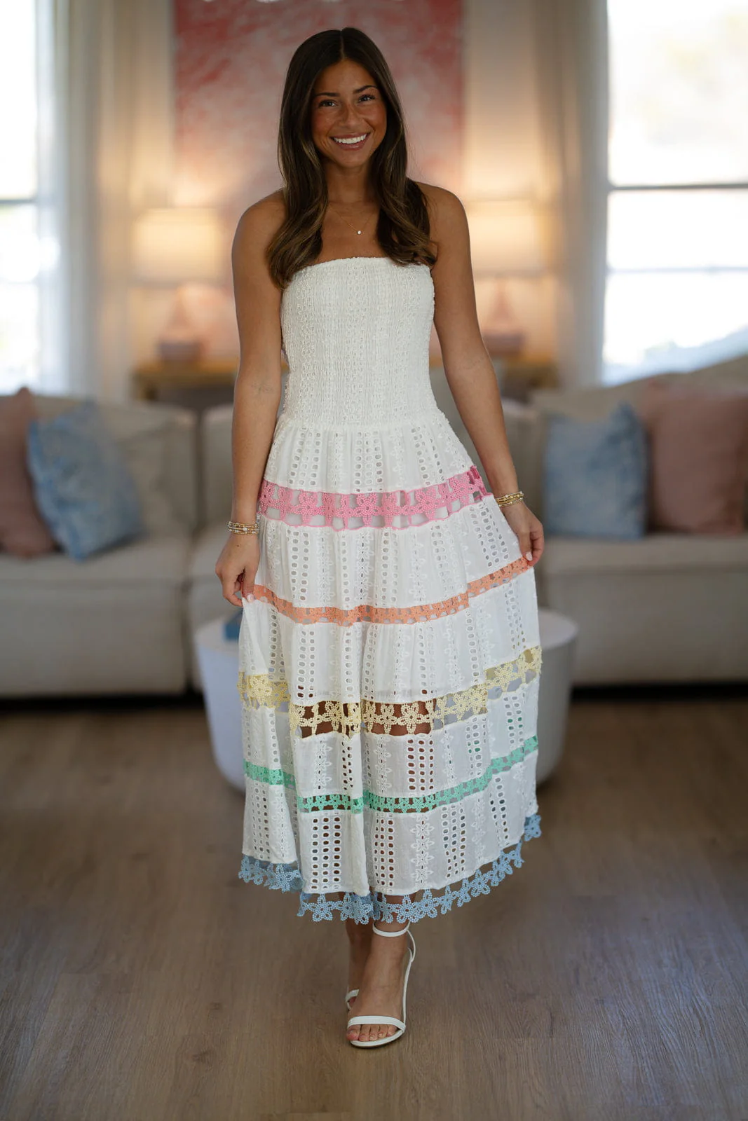 Early Evening Midi Dress - White, Pink, Orange, Green and Blue - Image 3