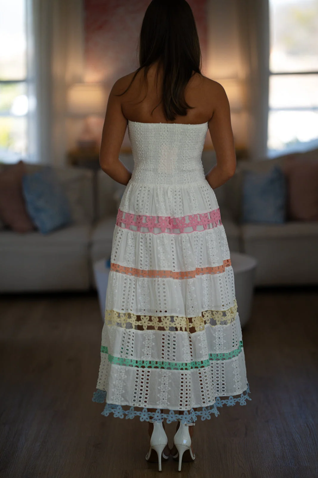 Early Evening Midi Dress - White, Pink, Orange, Green and Blue - Image 4