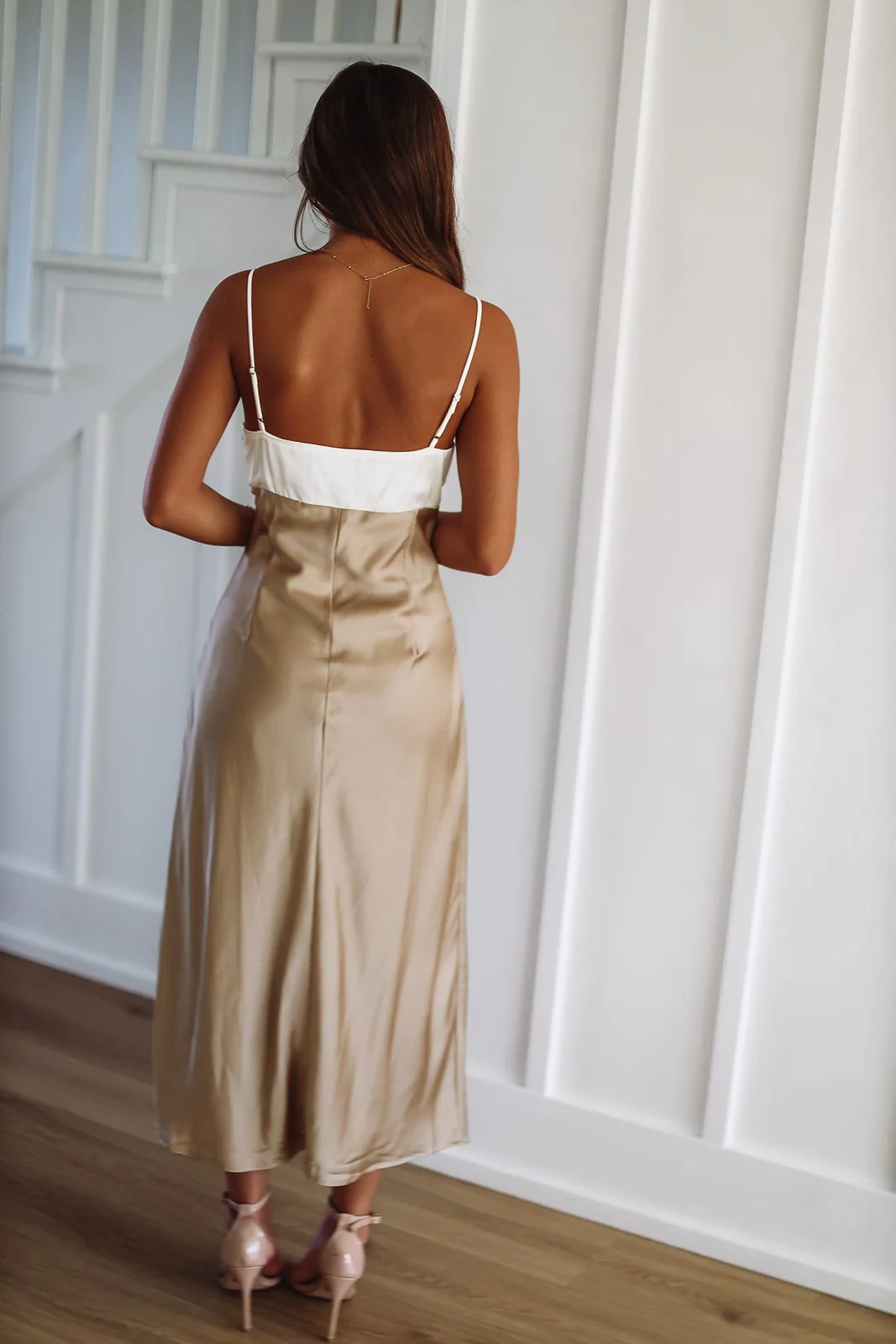 Fashionably On Time Satin Midi Dress - Ivory and Taupe - Image 3