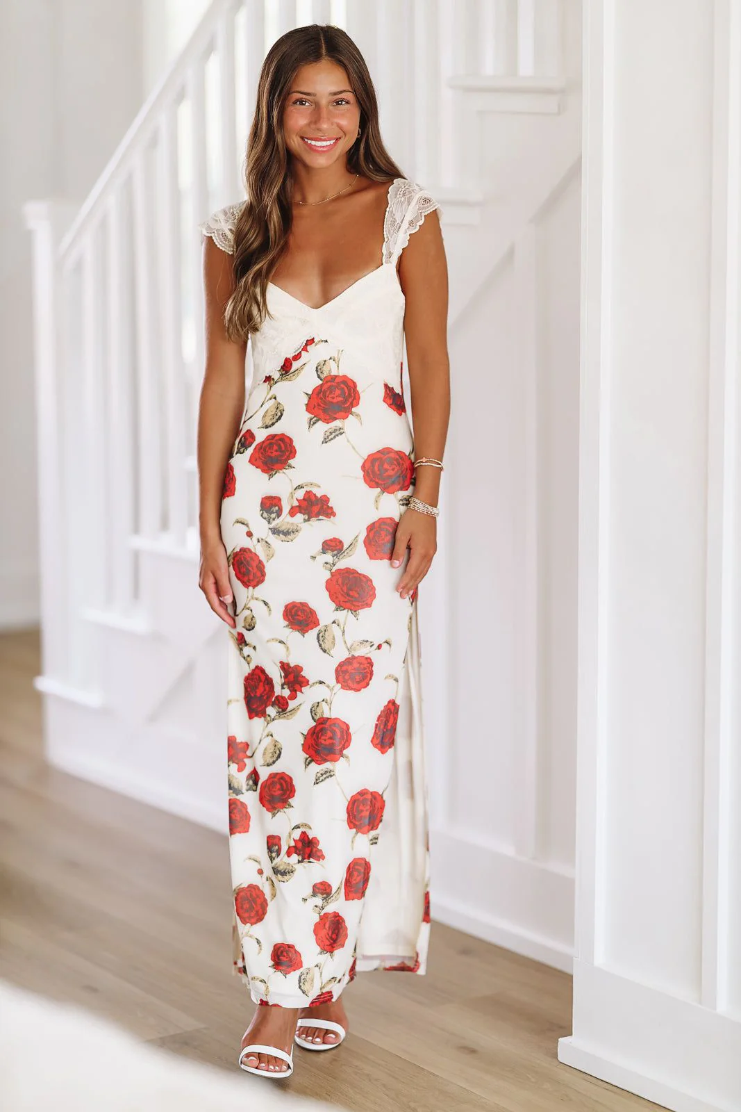 Flirtatious in Floral Maxi Dress Gown -Off White - Image 3