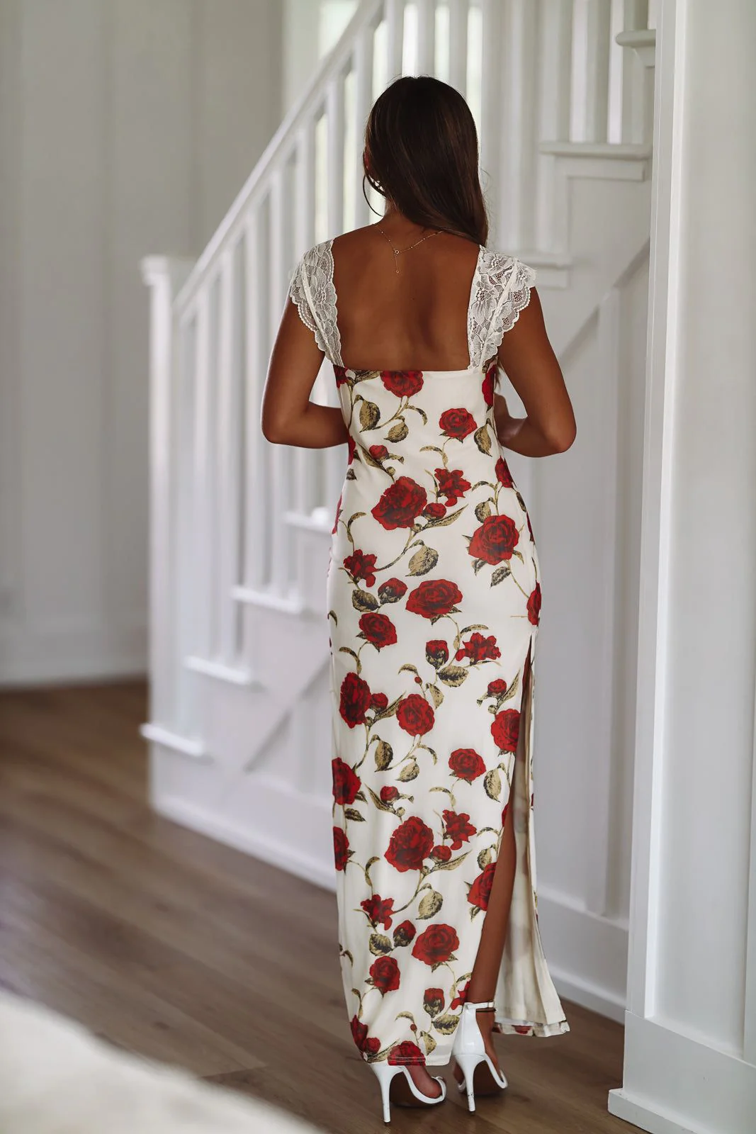 Flirtatious in Floral Maxi Dress Gown -Off White - Image 4
