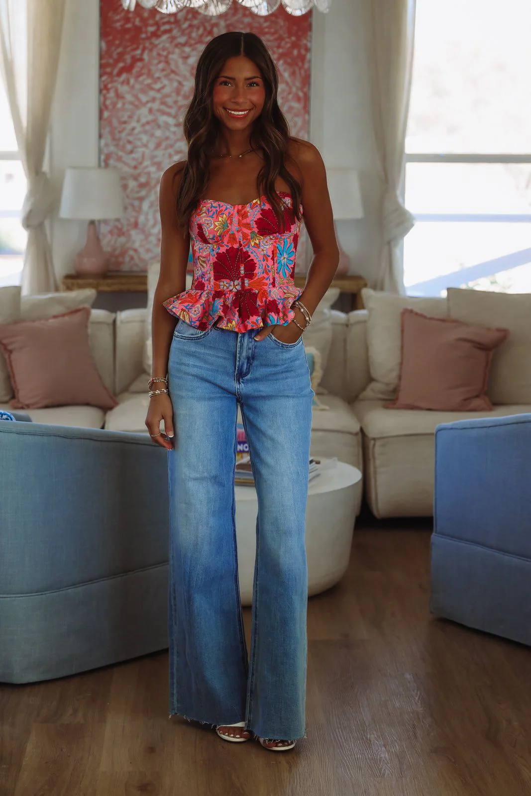 Floral Ideas Corset Top - Pink, Red and Blue - Image 4