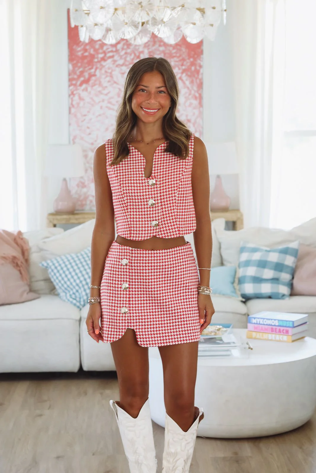 Houndstooth Way Mini Skort - Red and White - Image 3