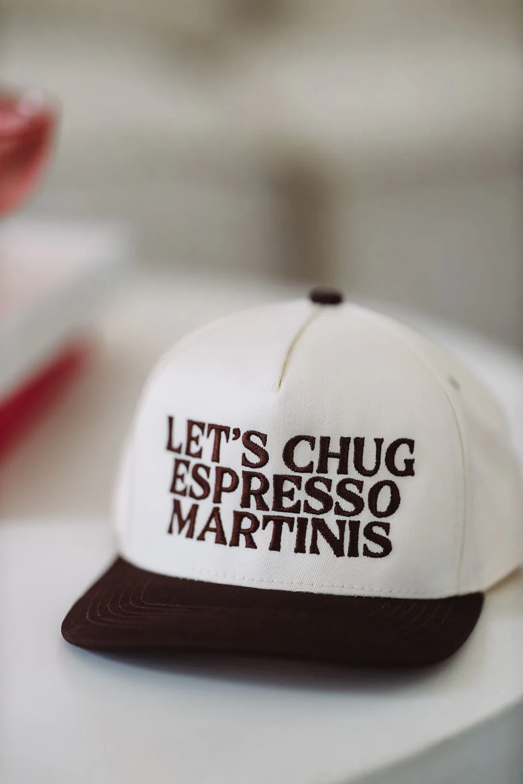 Let's Chug Espresso Martinis Two Toned Snapback Hat - Beige and Brown - Image 2