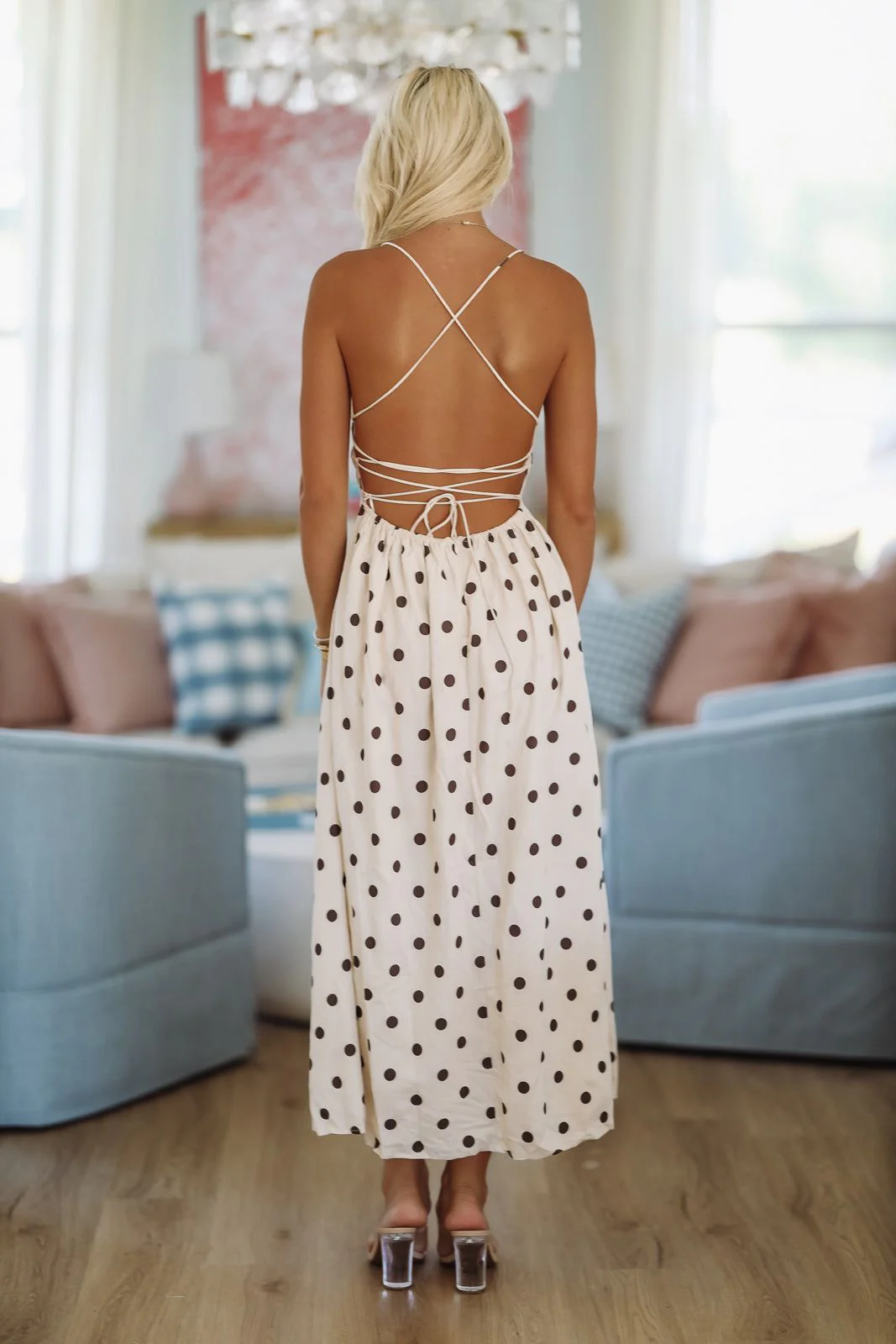 Linen and Dots Maxi Dress - Taupe and Black - Image 2