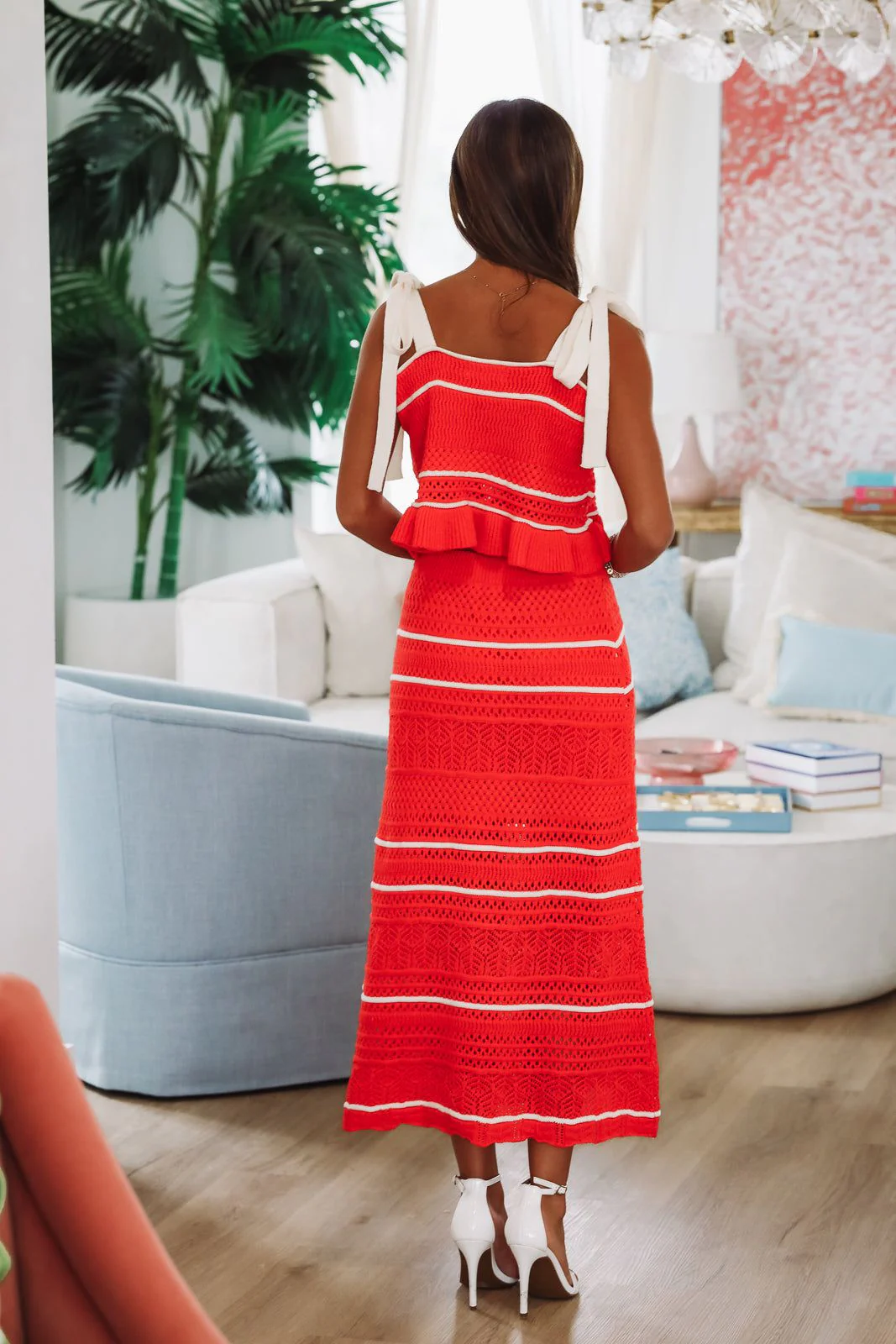 Loving Myself Crochet Knit Midi Skirt - Red and Cream - Image 2