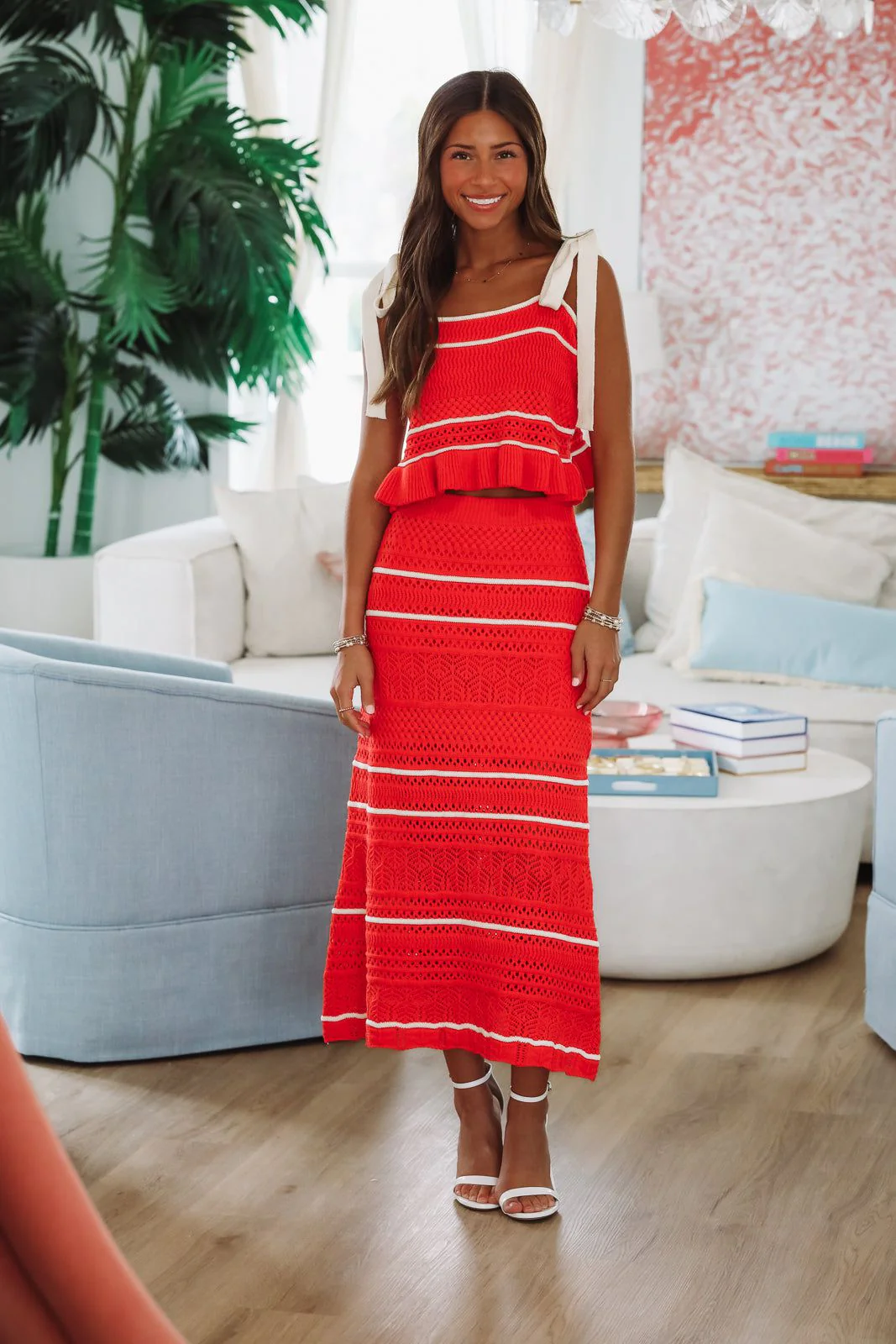 Loving Myself Crochet Knit Midi Skirt - Red and Cream - Image 3