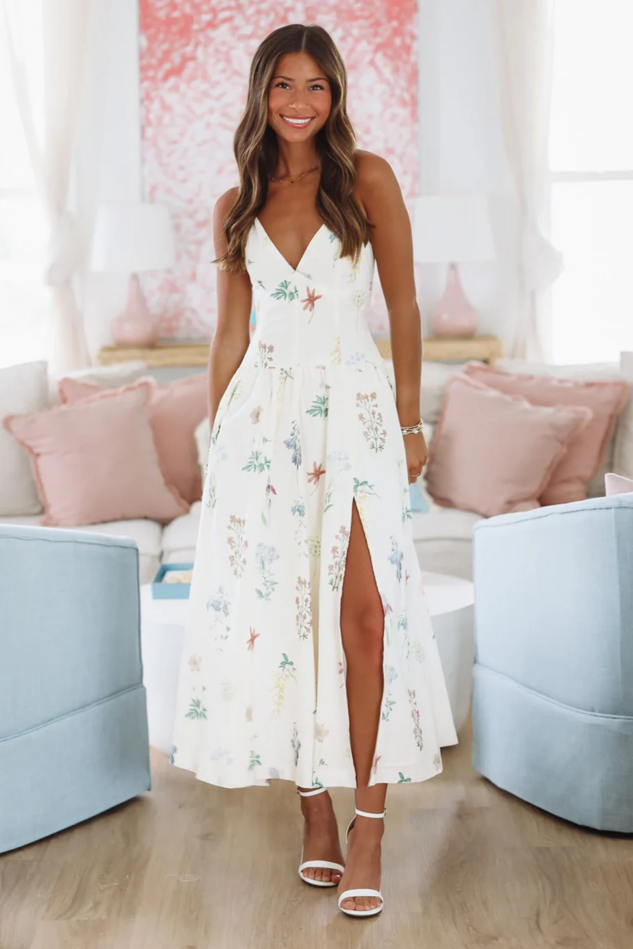 Lush Bouquets Midi Dress - Cream