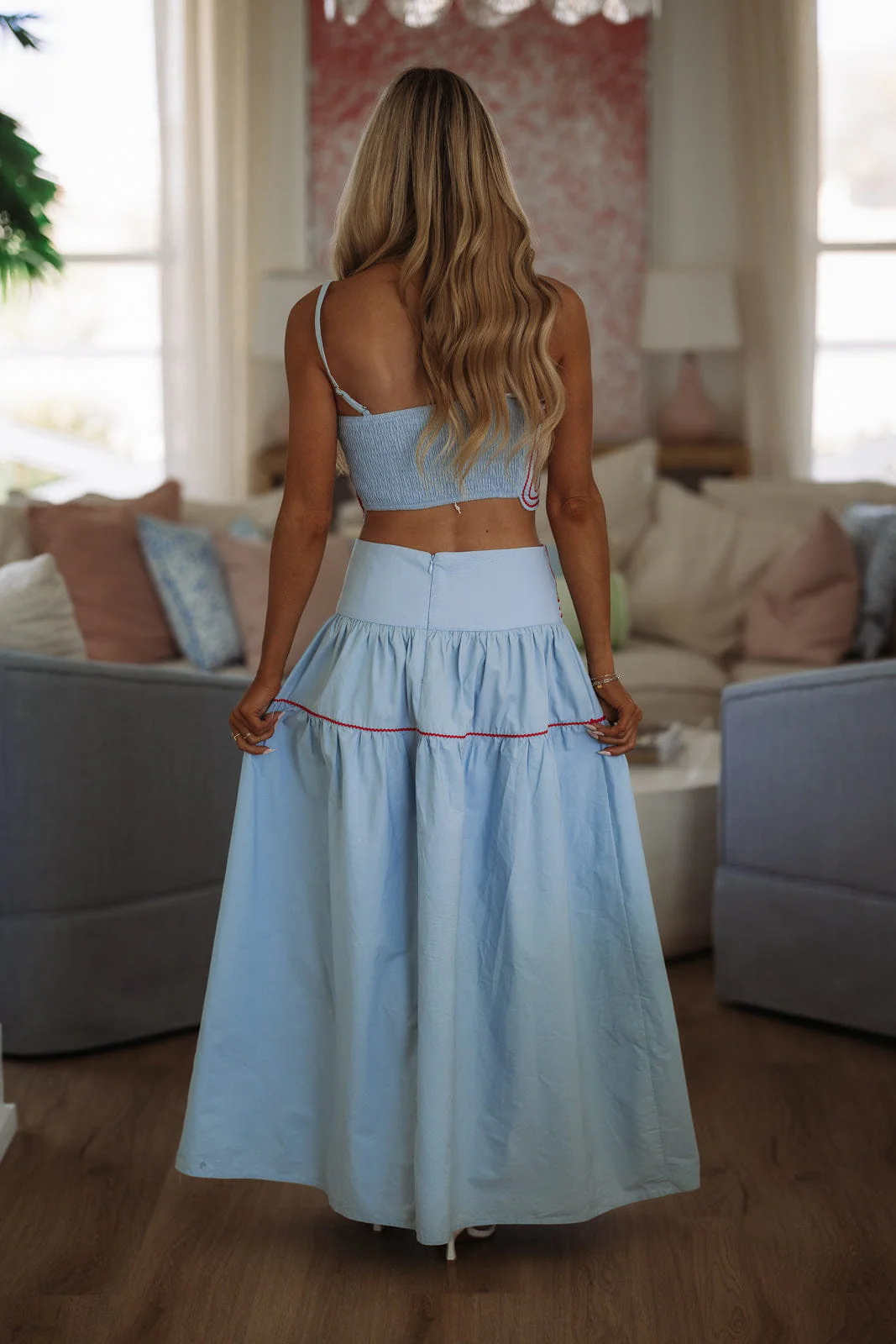Marina Muse Crop Top and Maxi Skirt Set - Light Blue and Red - Image 3