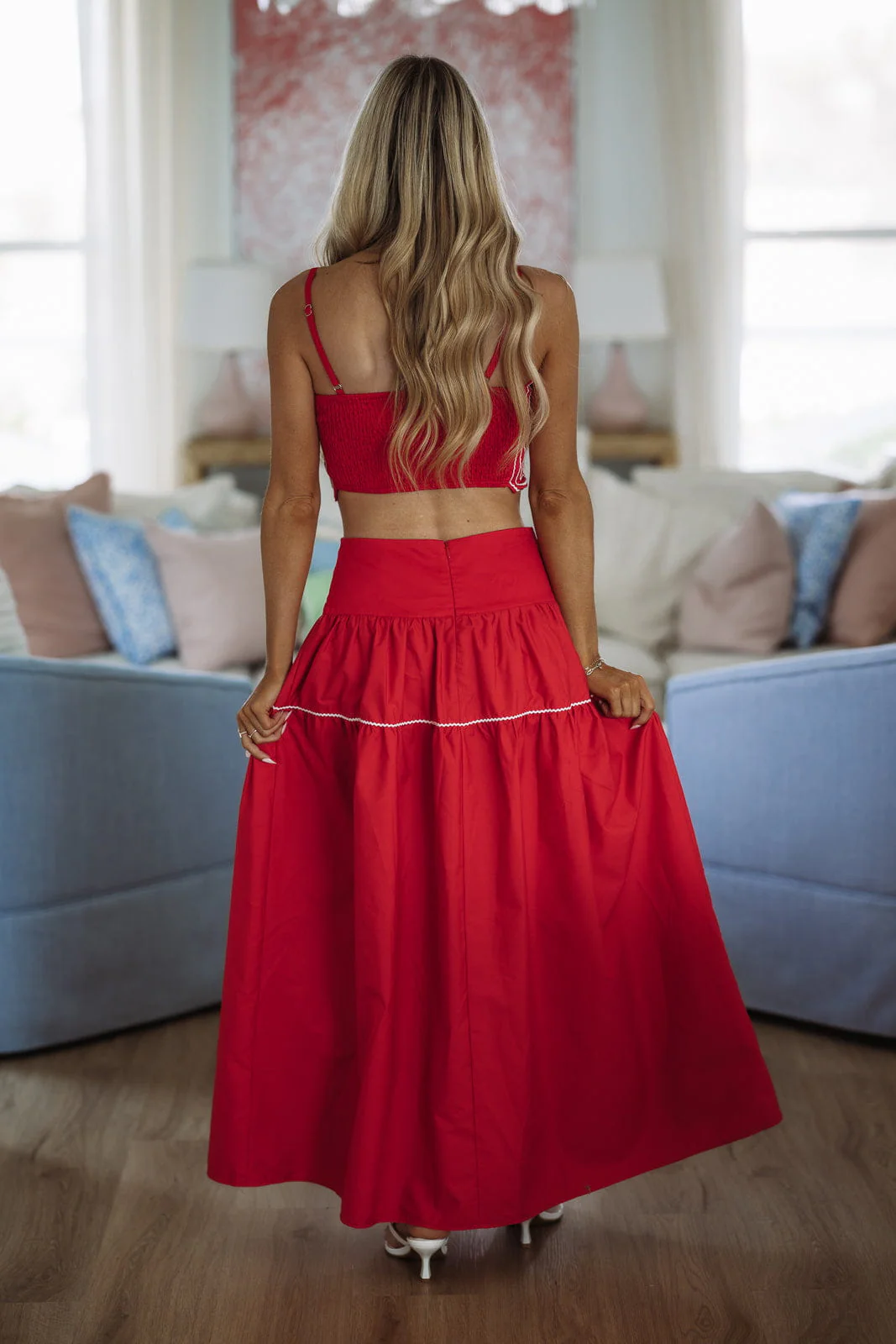 Marina Muse Crop Top and Maxi Skirt Set - Red and White - Image 2