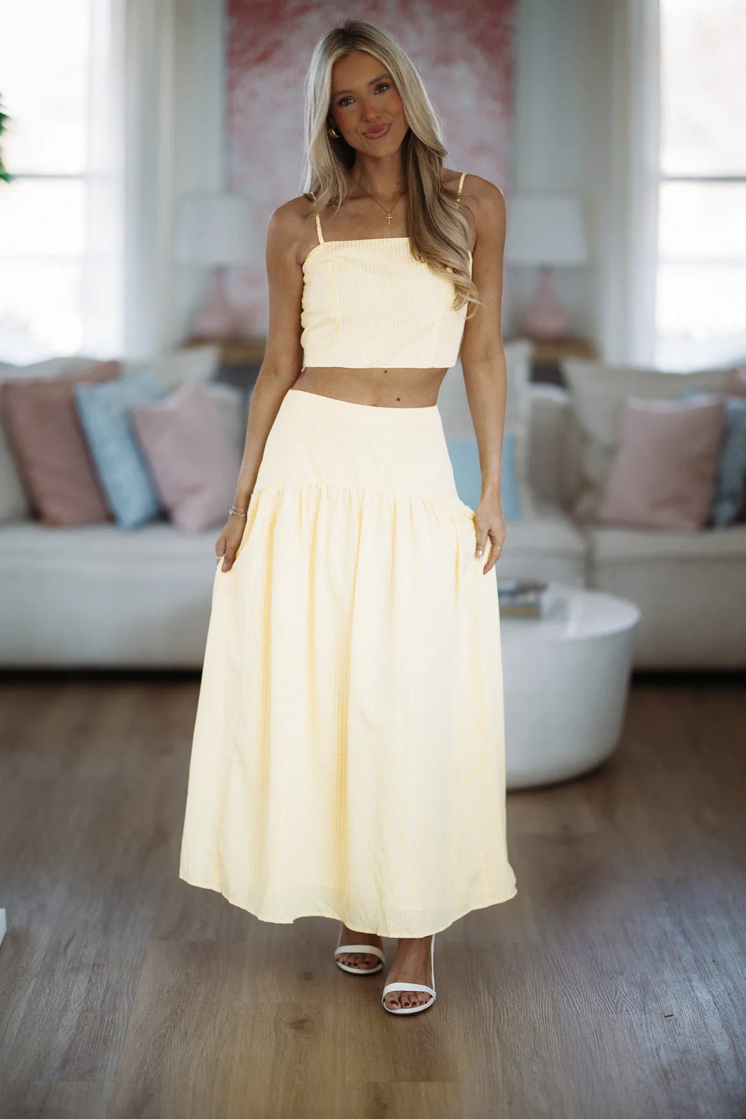 Nostalgia Check Maxi Skirt - Lemon Yellow and White - Image 2