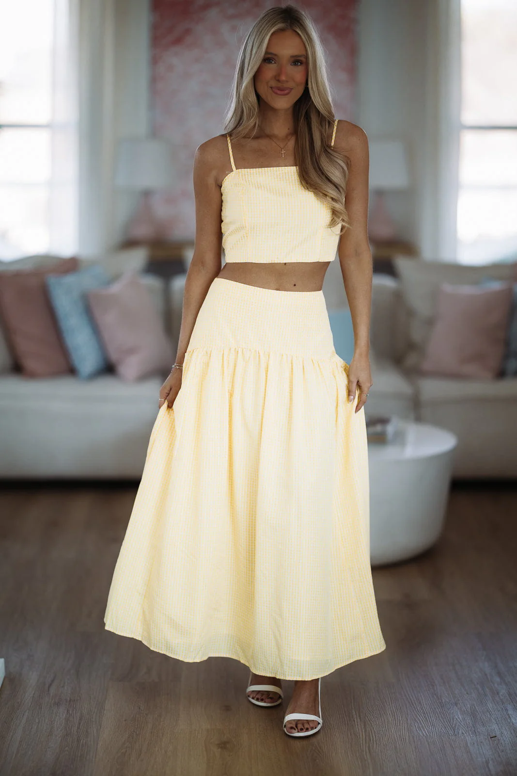 Nostalgia Check Maxi Skirt - Lemon Yellow and White - Image 3