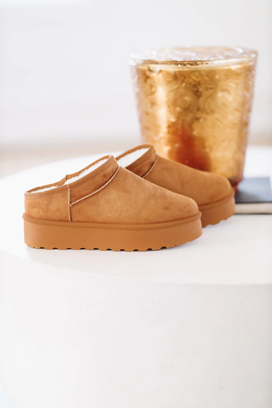 OMG Platform Faux Fur Slide on Mules - Camel