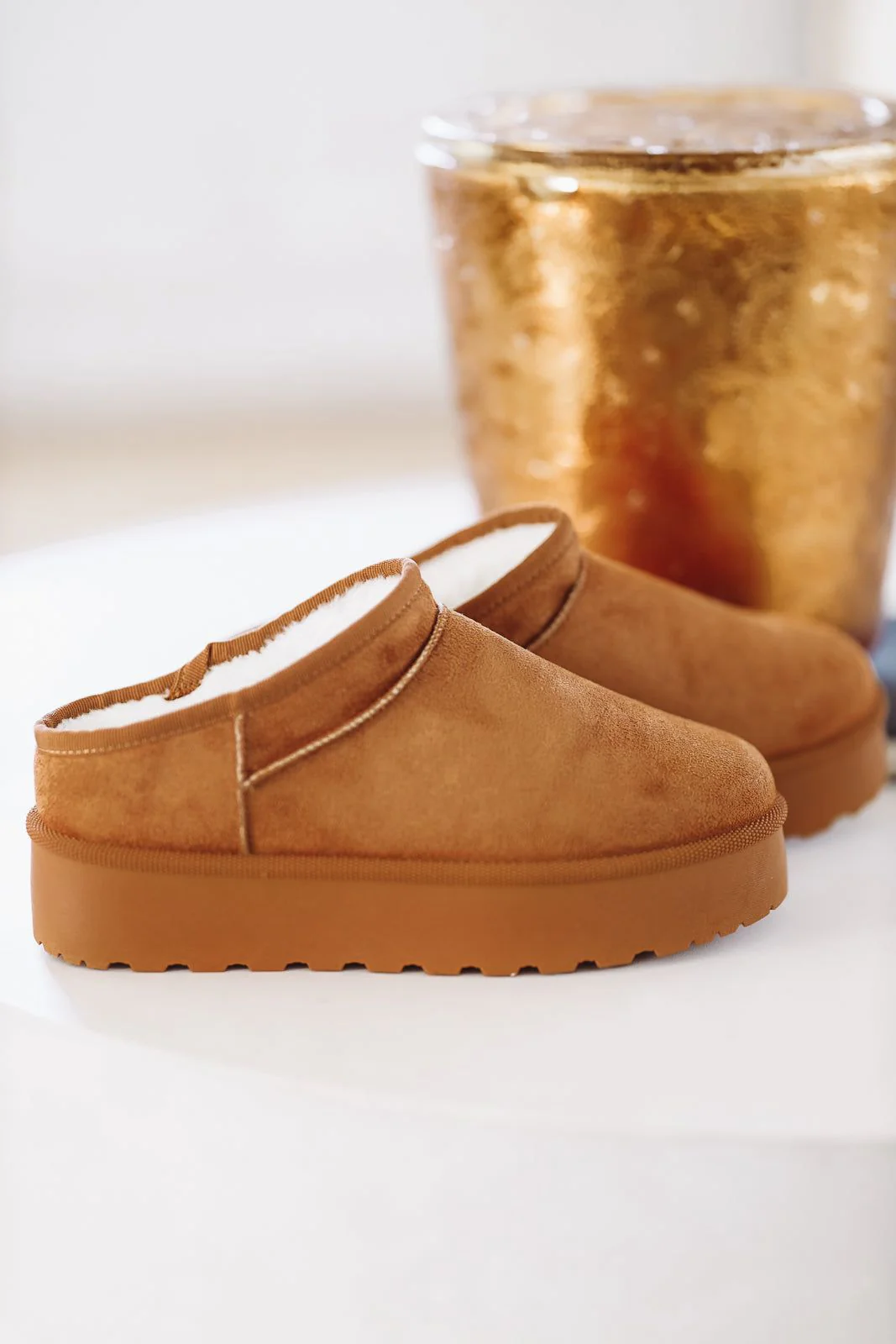 OMG Platform Faux Fur Slide on Mules - Camel - Image 2
