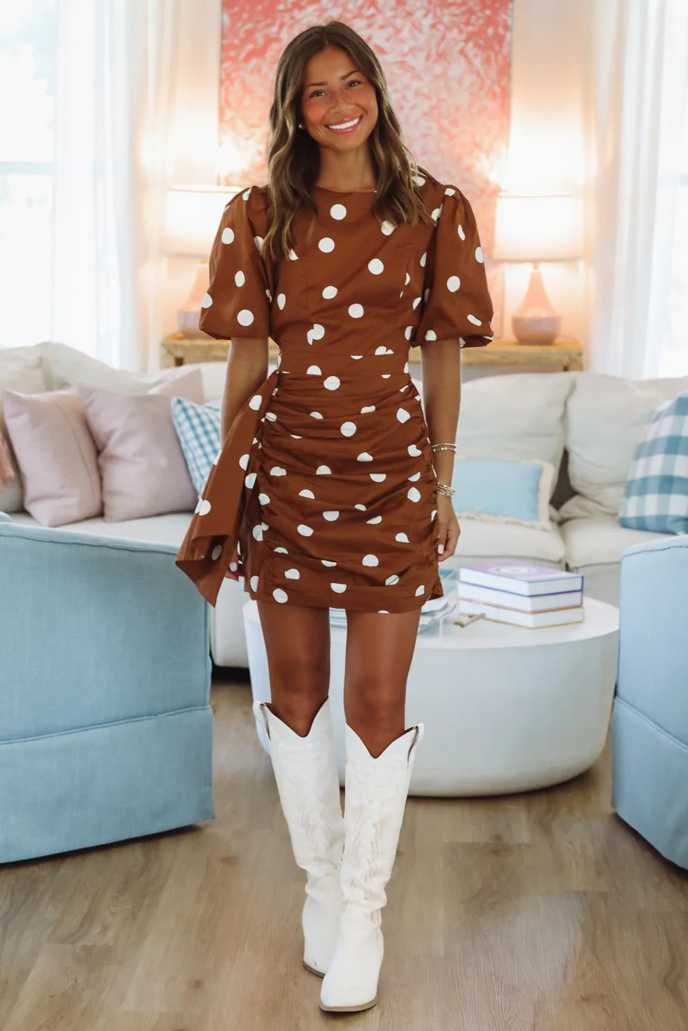 Polka Dot Perspective Mini Dress - Mocha