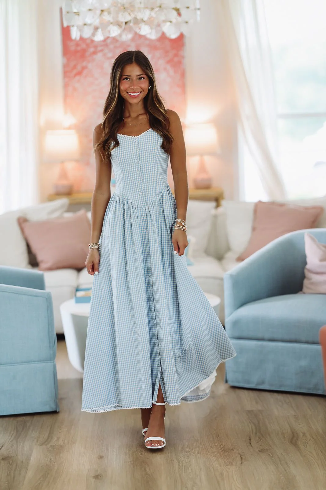 Romantic Picnic Maxi Dress - Blue and White - Image 2