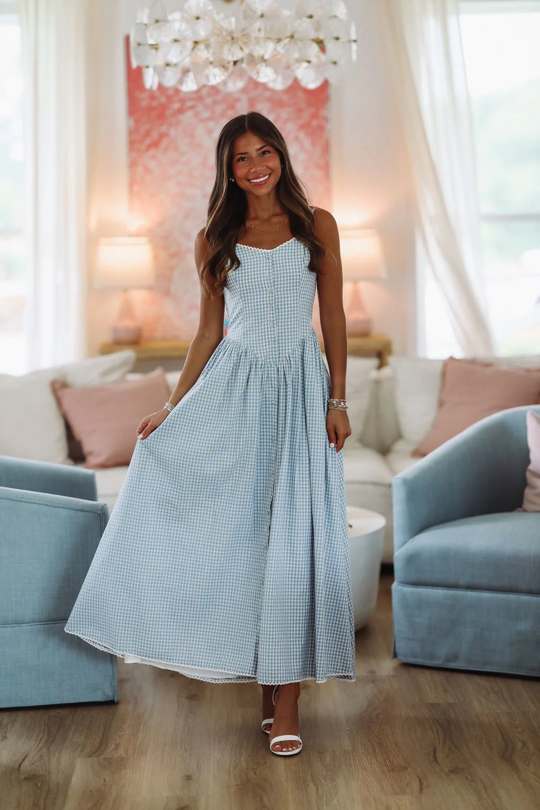 Romantic Picnic Maxi Dress - Blue and White - Image 4