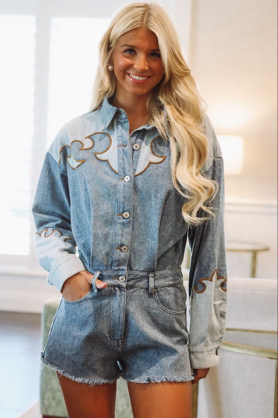 Saddle Stitch Denim Romper - Denim (FINAL SALE)