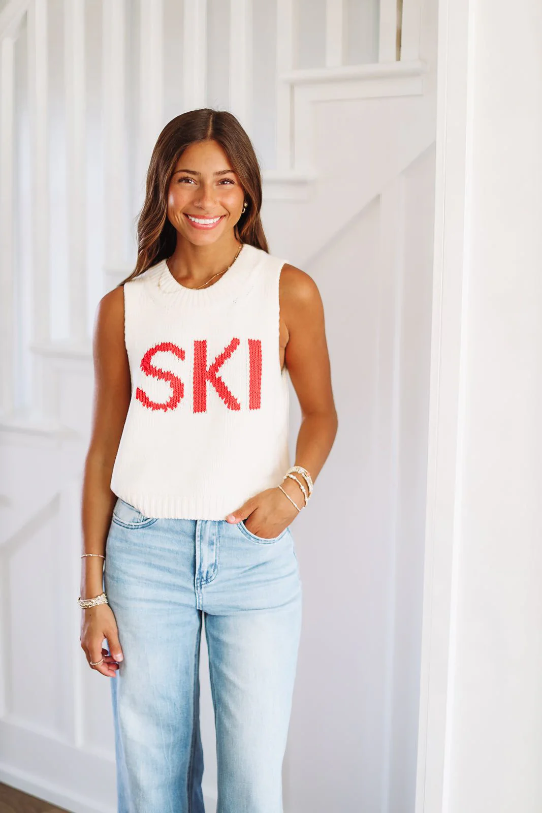 Ski Chunky Cropped Sweater - Cream and Red - Image 3