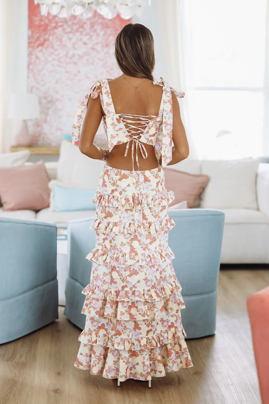 Spring Muse Print Ruffle Maxi Skirt - Coral - Image 3