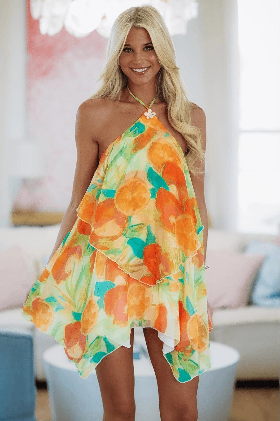 Sunset Cabana Mini Dress - Orange and Green