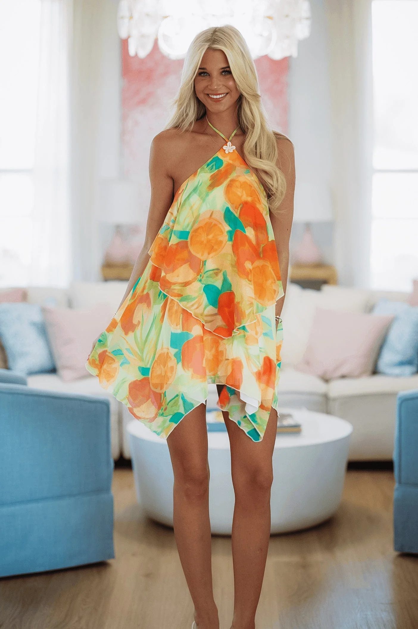 Sunset Cabana Mini Dress - Orange and Green - Image 3