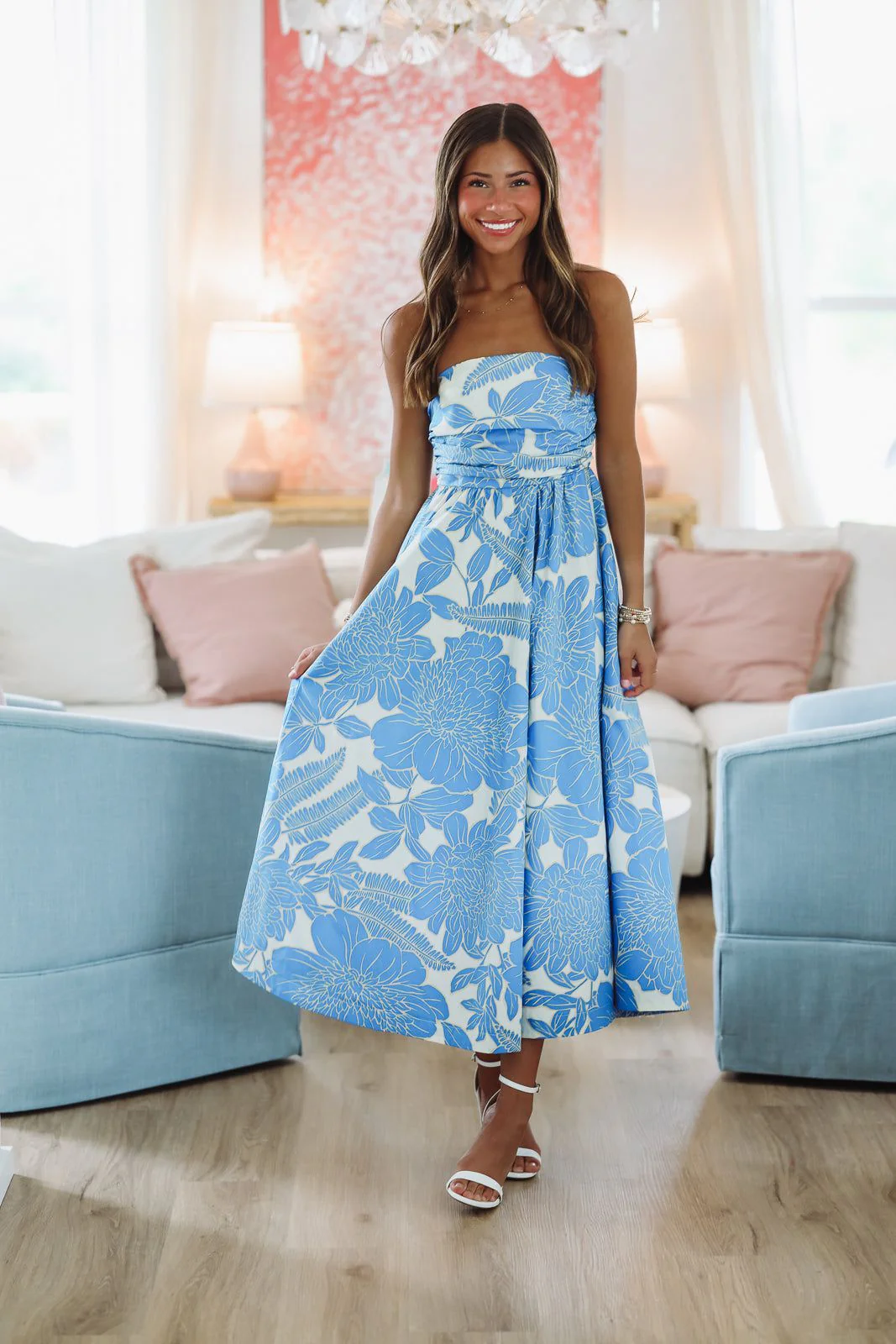 Tropical Paradise Midi Dress - Blue and White - Image 2