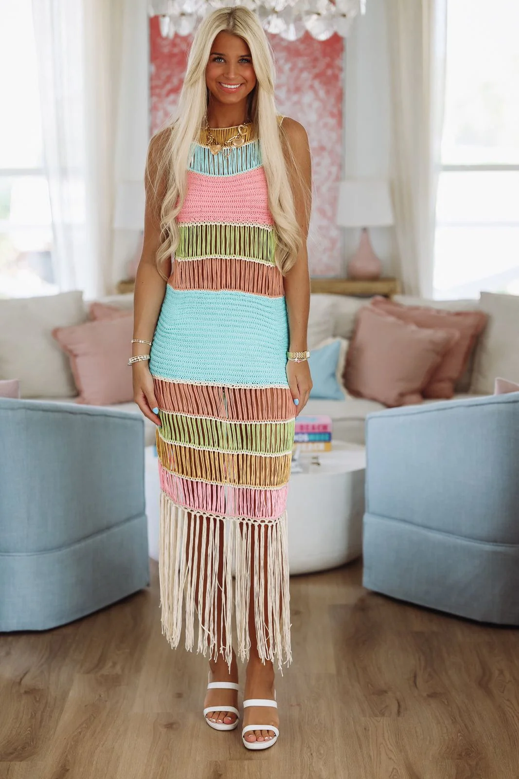 Vacation Worthy Crochet Maxi Coverup Dress - Aqua, Pink and Green - Image 2