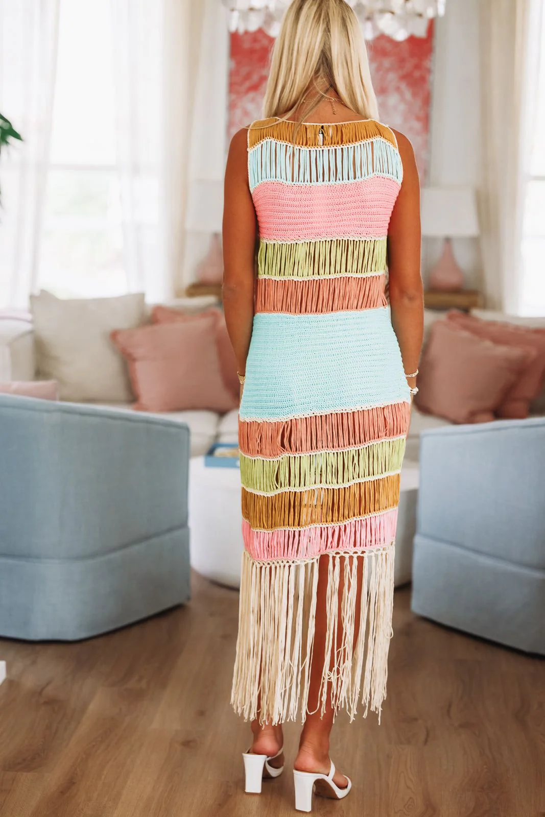 Vacation Worthy Crochet Maxi Coverup Dress - Aqua, Pink and Green - Image 3