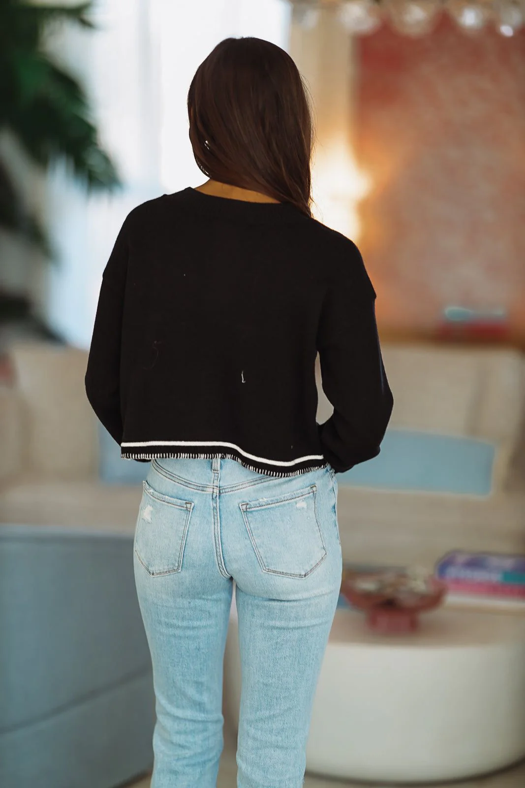 Wait For You Crop Sweater Cardigan - Black and White - Image 2