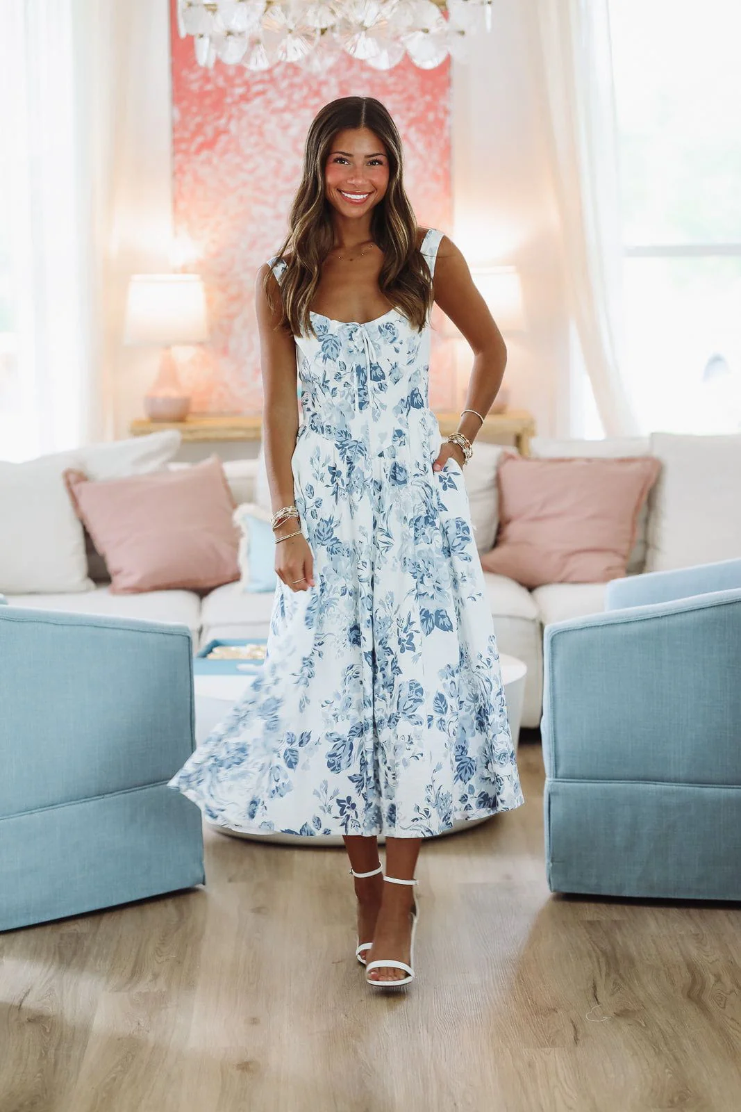 What It's Worth Midi Dress - Blue and White - Image 3